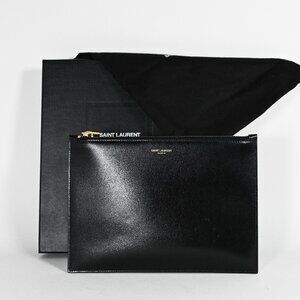 Saint Laurent Black Leather Portfolio Clutch With Box & Dust Bag